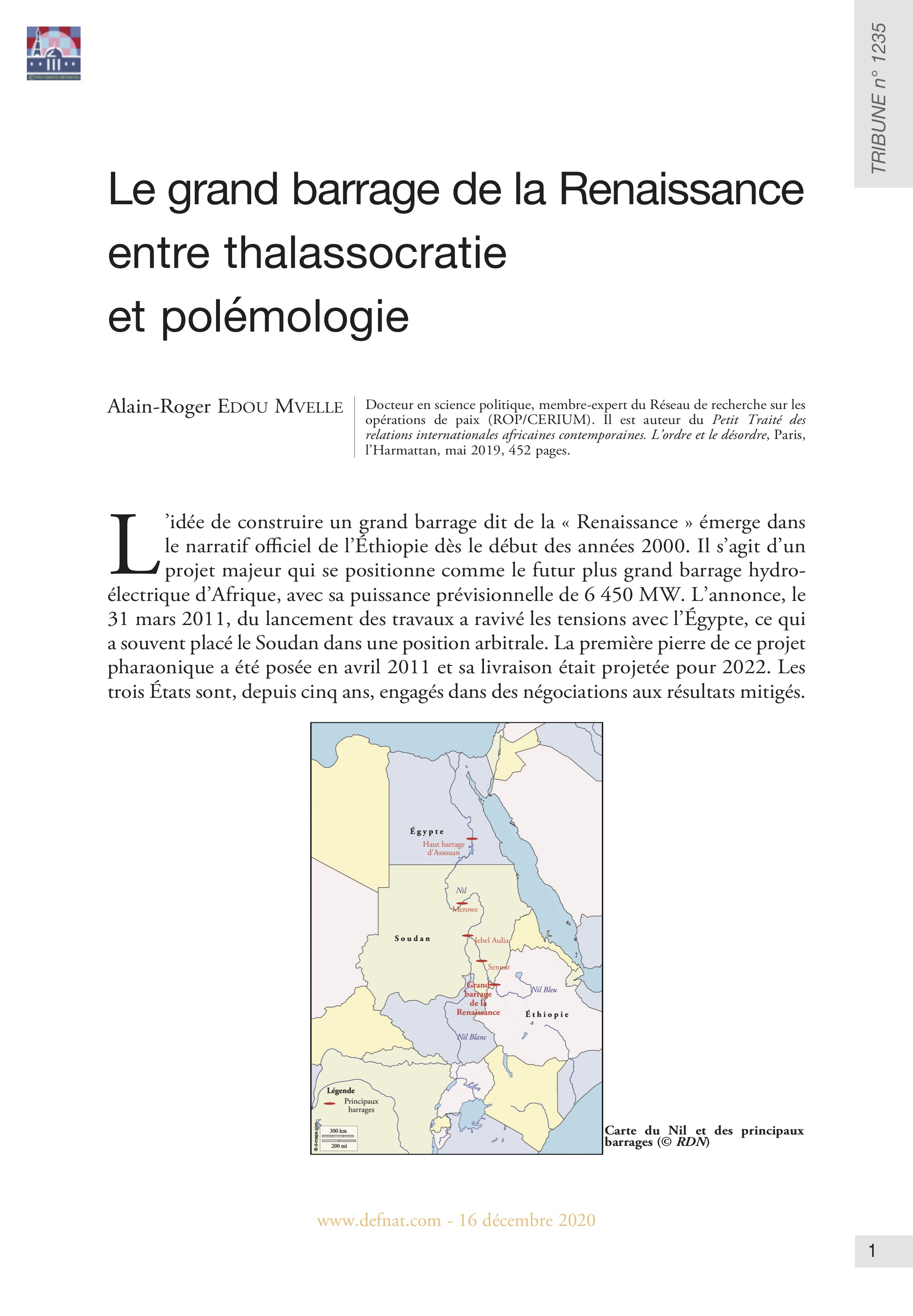 Le grand barrage de la Renaissance entre thalassocratie et polémologie (T 1235)
